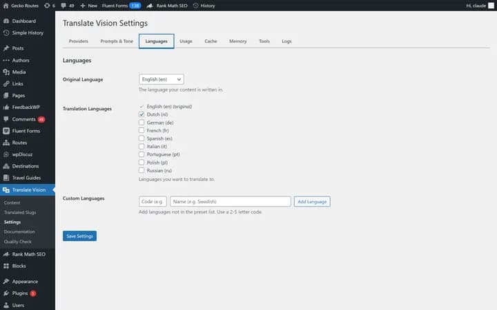 Language settings showing supported translation languages