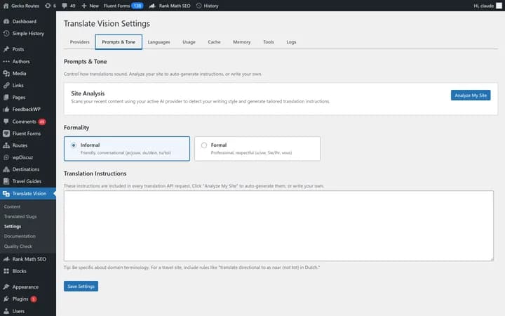 Prompts and tone settings for customizing translation style