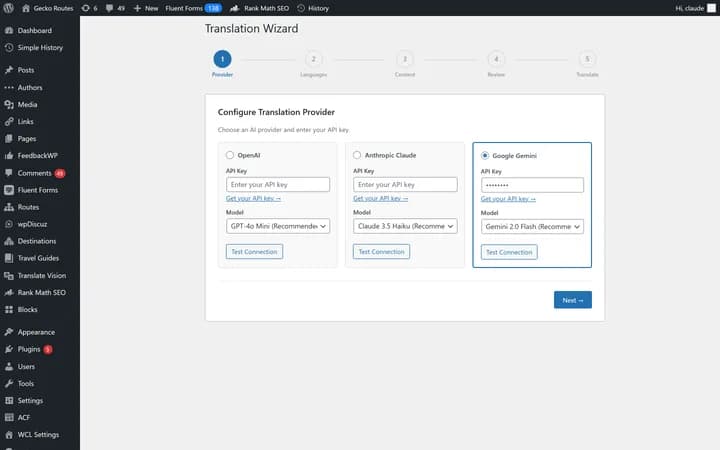 Wizard step 1: Configure your AI translation provider