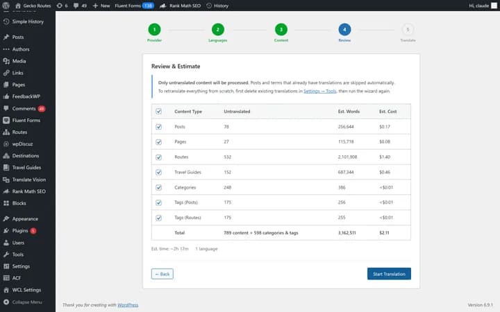 Wizard review step showing cost estimation and translation scope